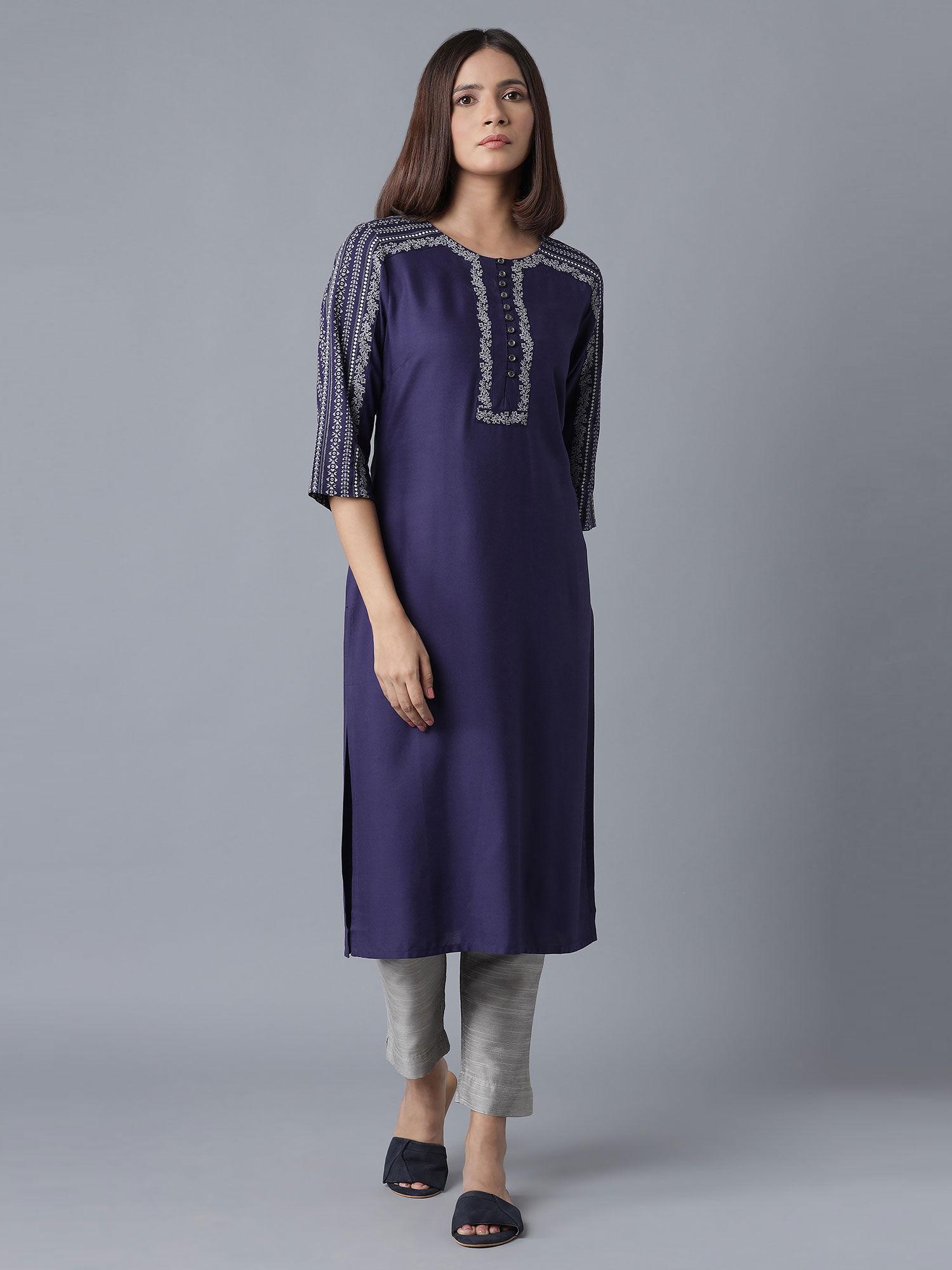 blue embroidered straight kurta