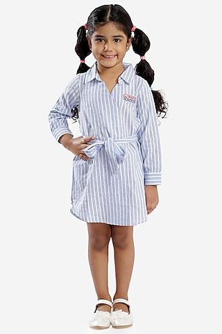 blue embroidered striped dress for girls