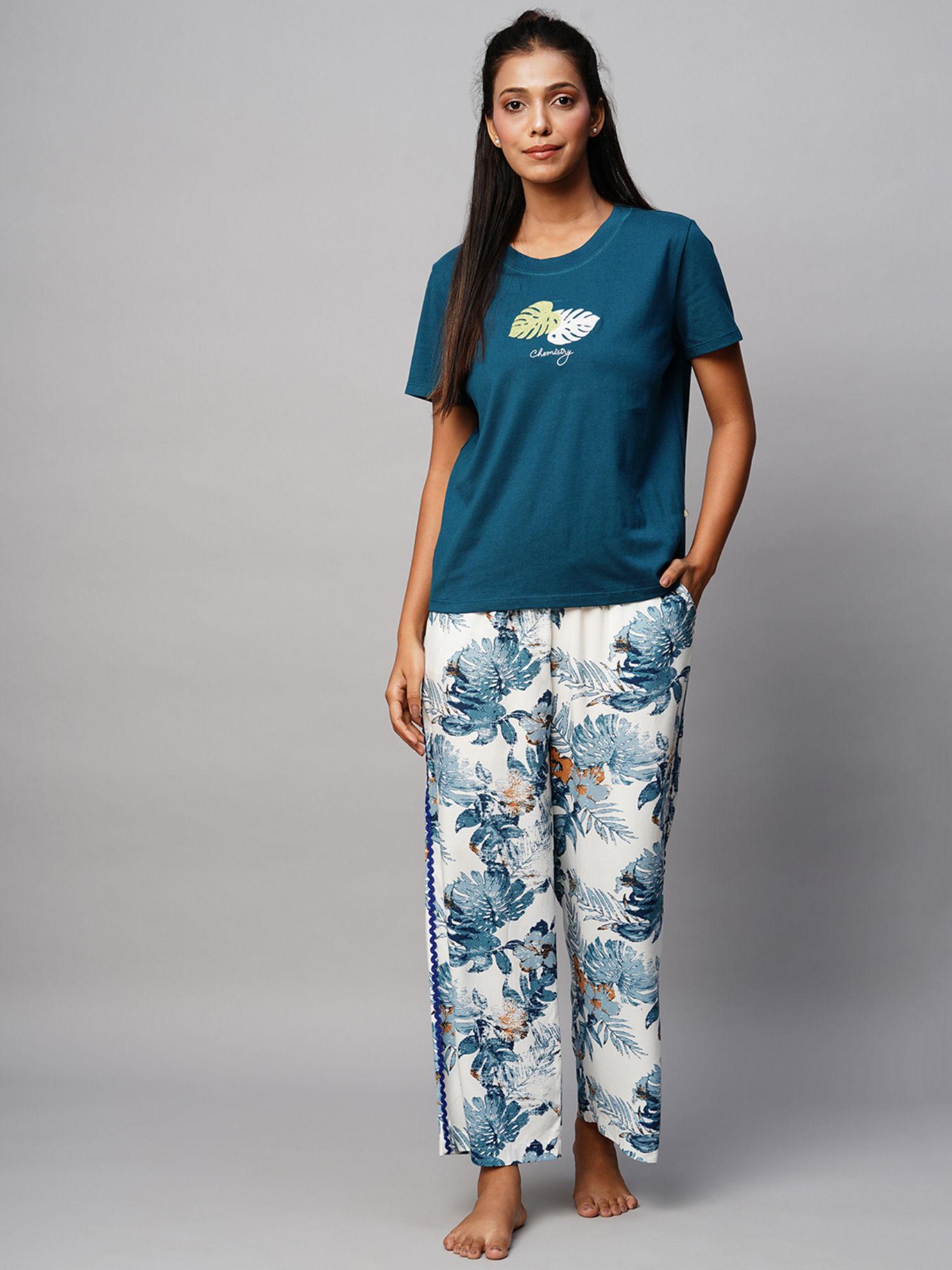 blue embroidered tee & printed viscose wide pyjama (set of 2)