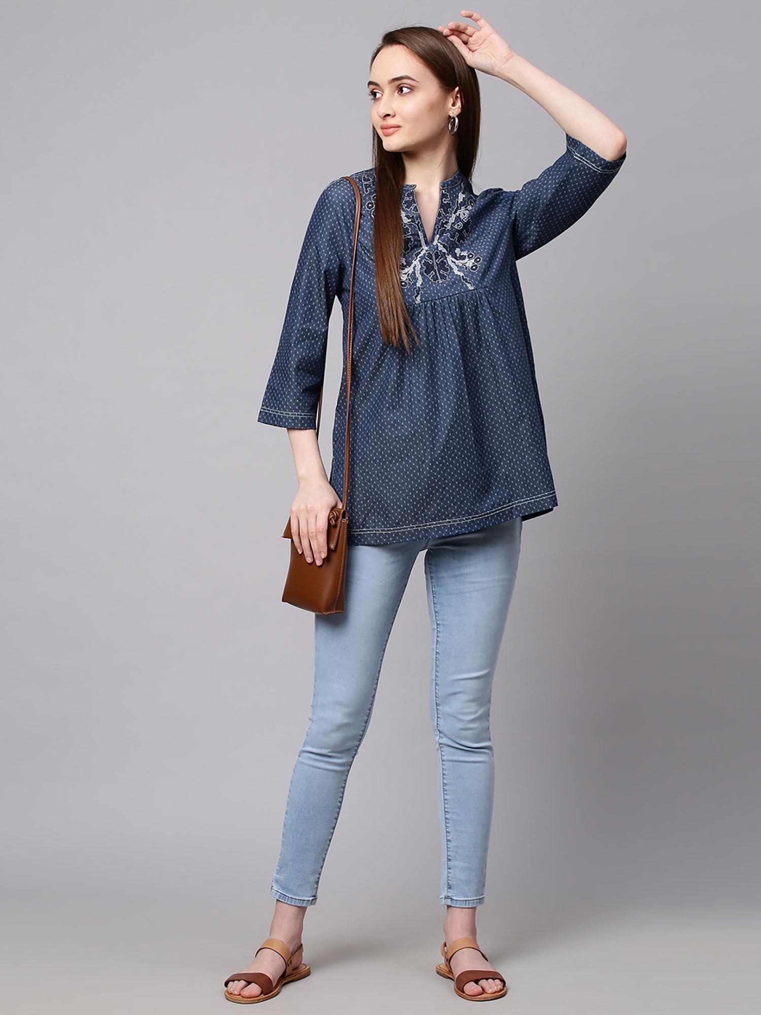 blue embroidered textured denim kurta