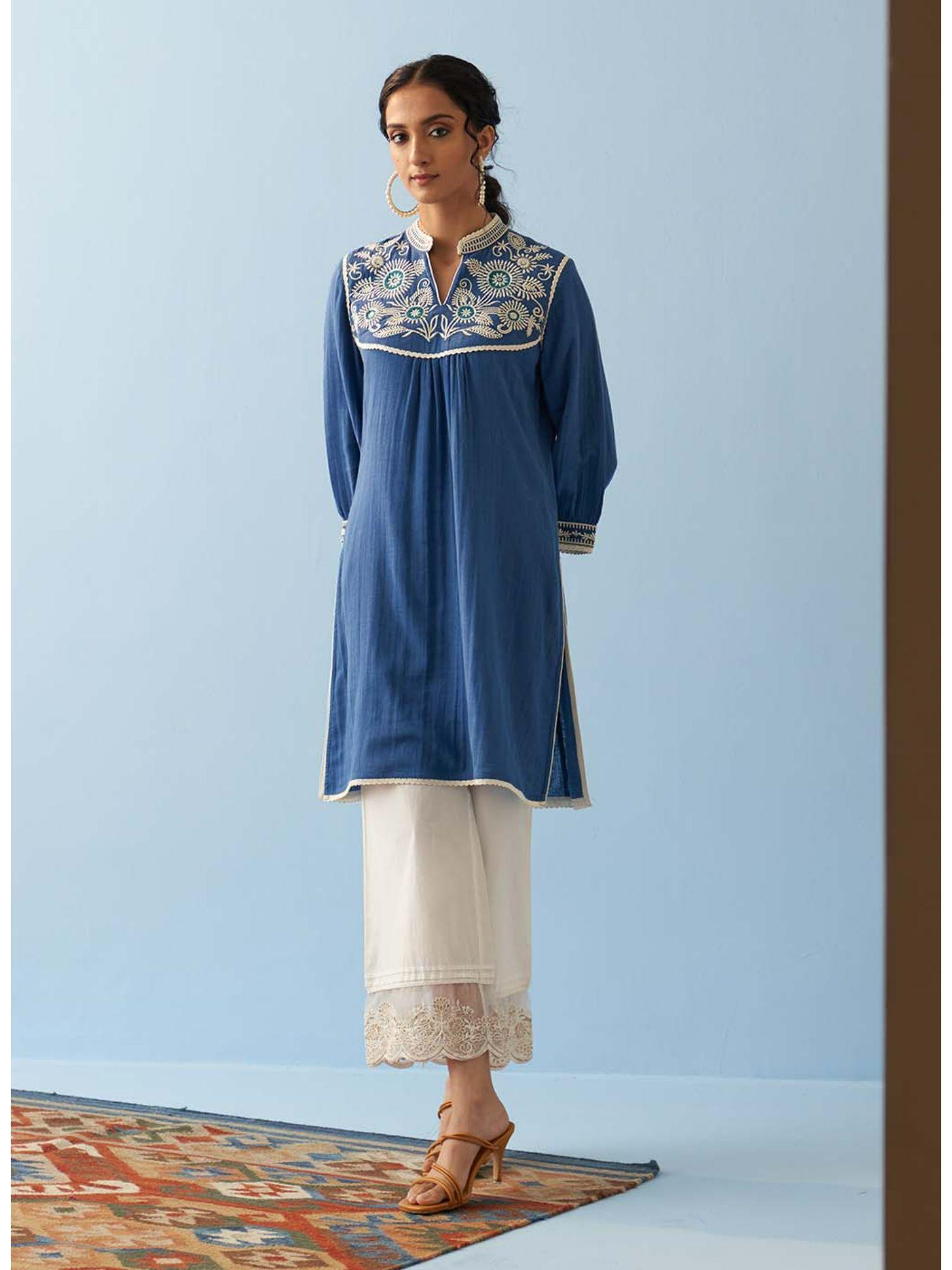 blue embroidered thigh length crinkled kurti