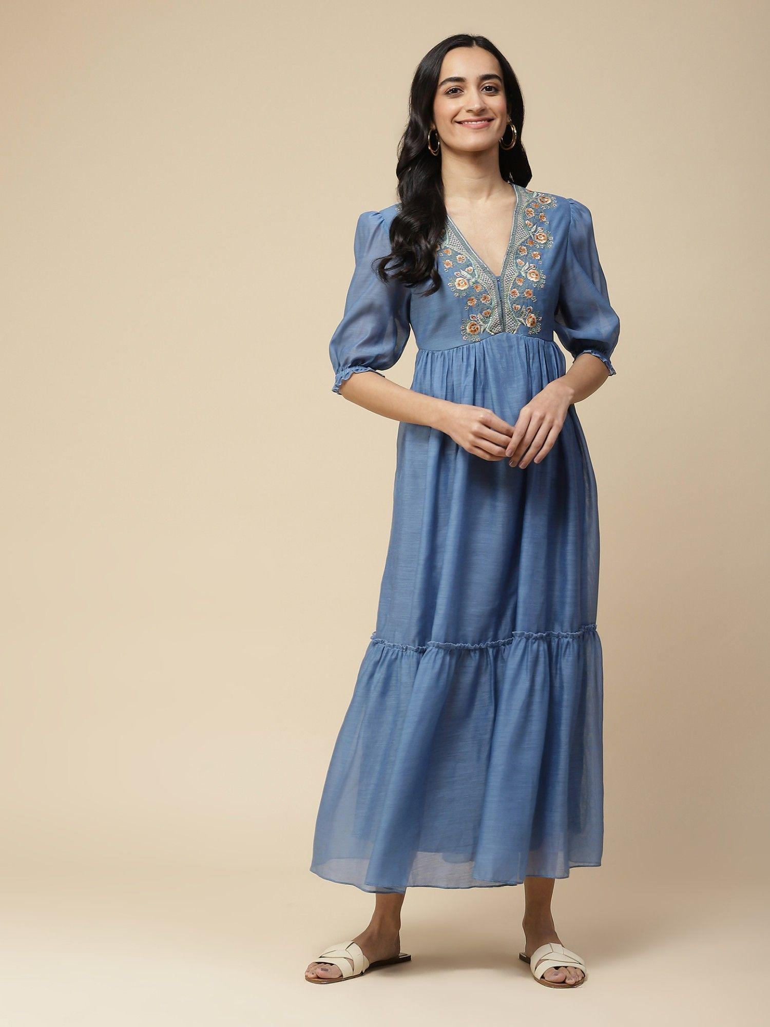 blue embroidered tiered long maxi dress