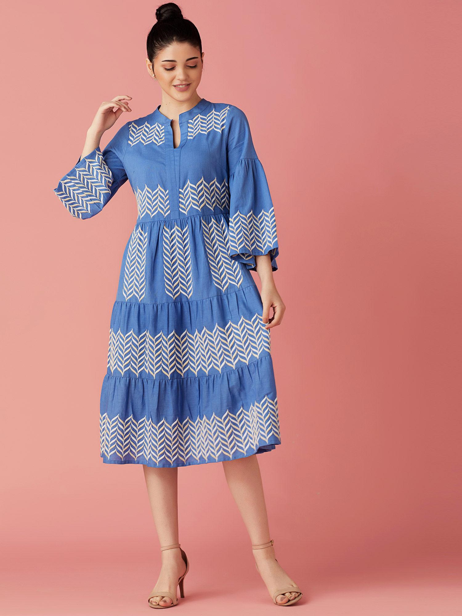 blue embroidered tiered midi dress