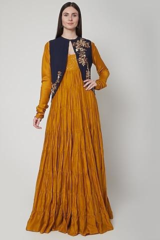 blue embroidered top with mustard anarkali & pants