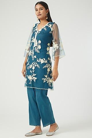 blue embroidered tunic set