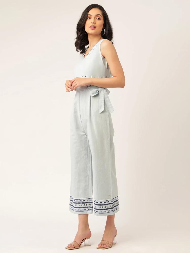 blue embroidered v neck jumpsuit