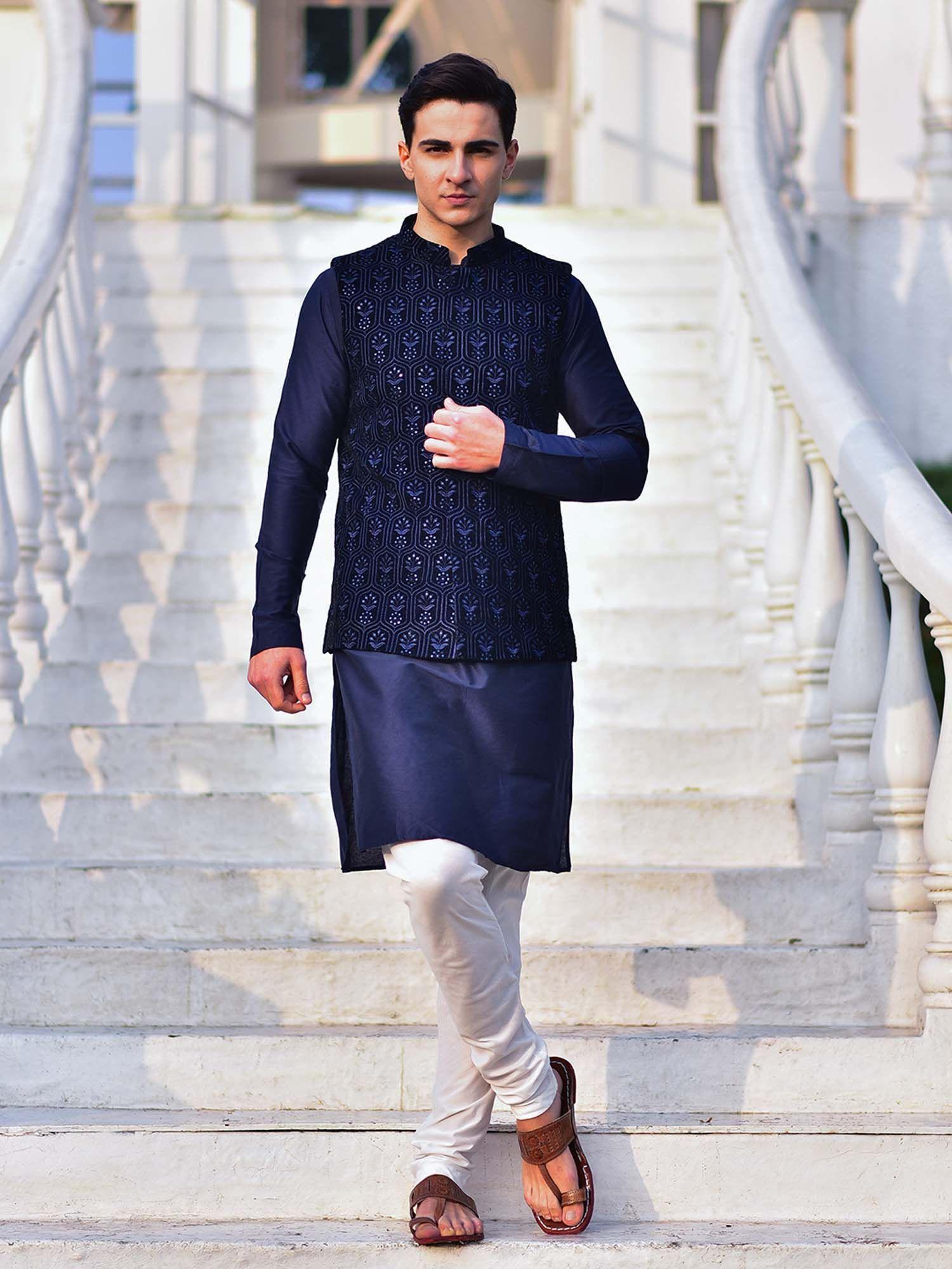 blue embroidered velvet fabric nehru jacket with kurta & churidar for men (set of 3)