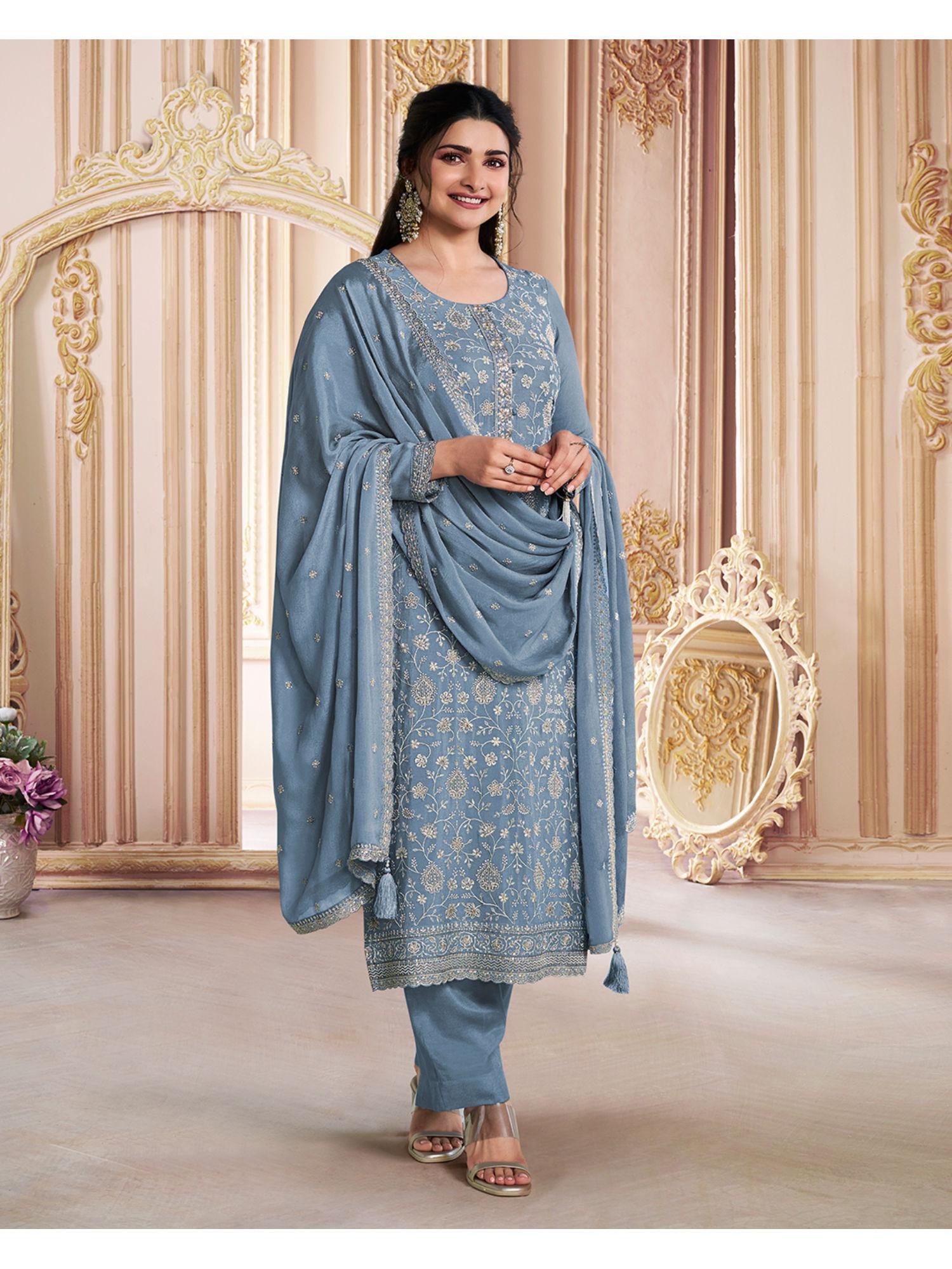 blue embroidery chiffon straight kurta with pant and embroidery dupatta (set of 3)