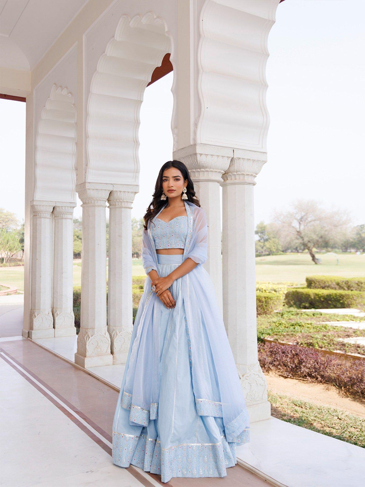 blue embroidery cotton lehenga and blouse with dupatta (set of 3)