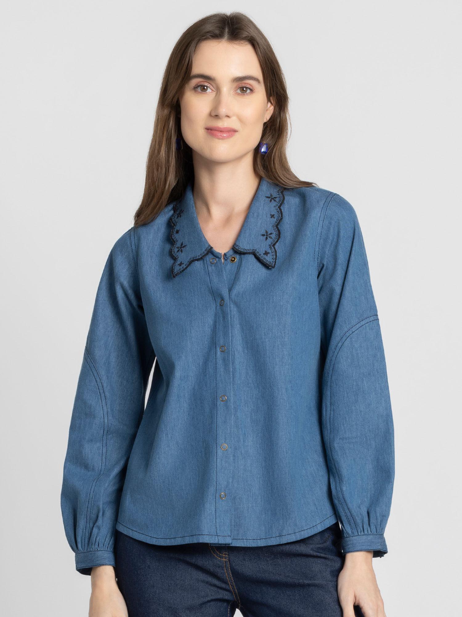 blue embroidery long sleeves casual party shirts for women