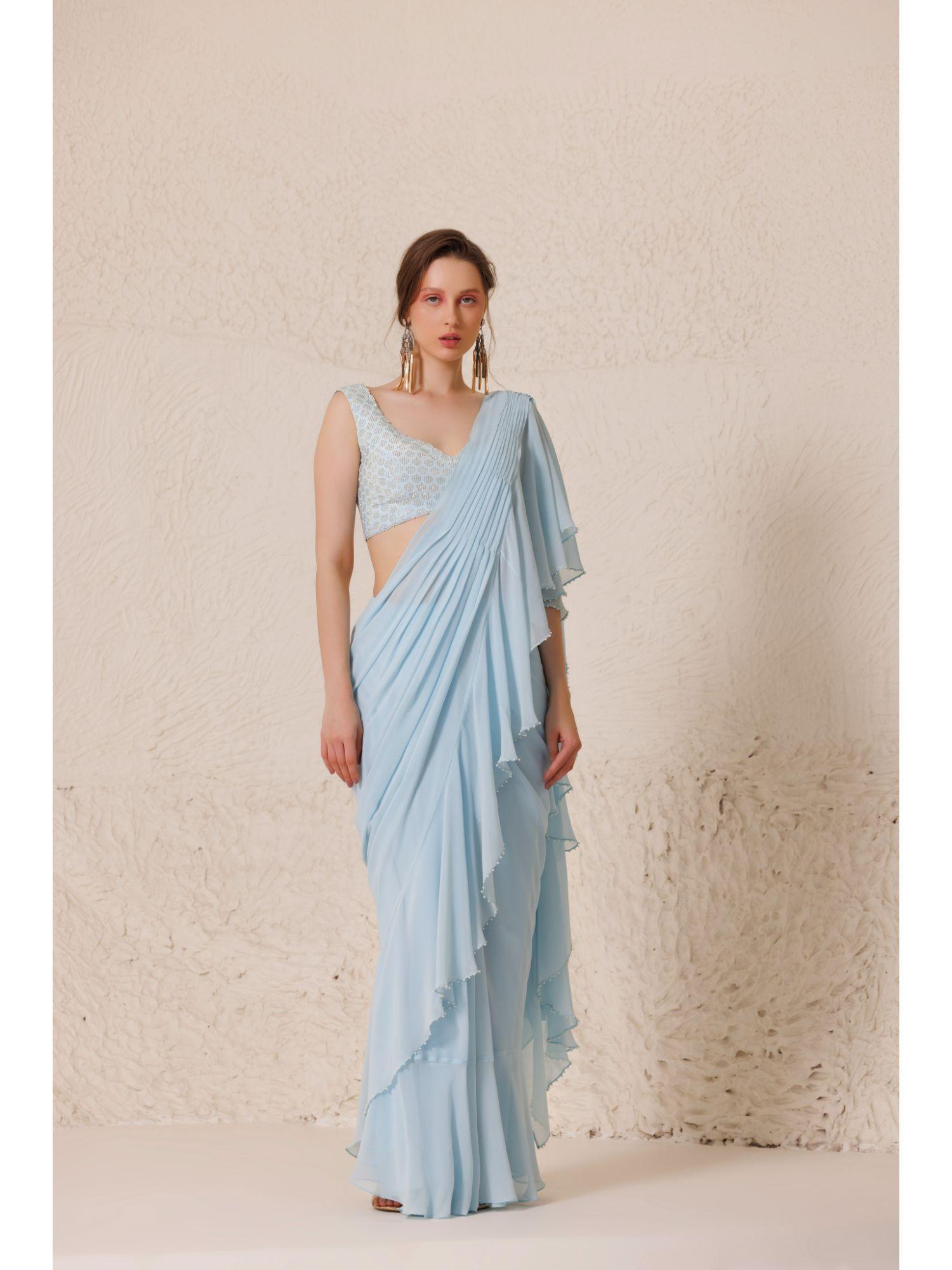blue emyrean saree with stitched blouse