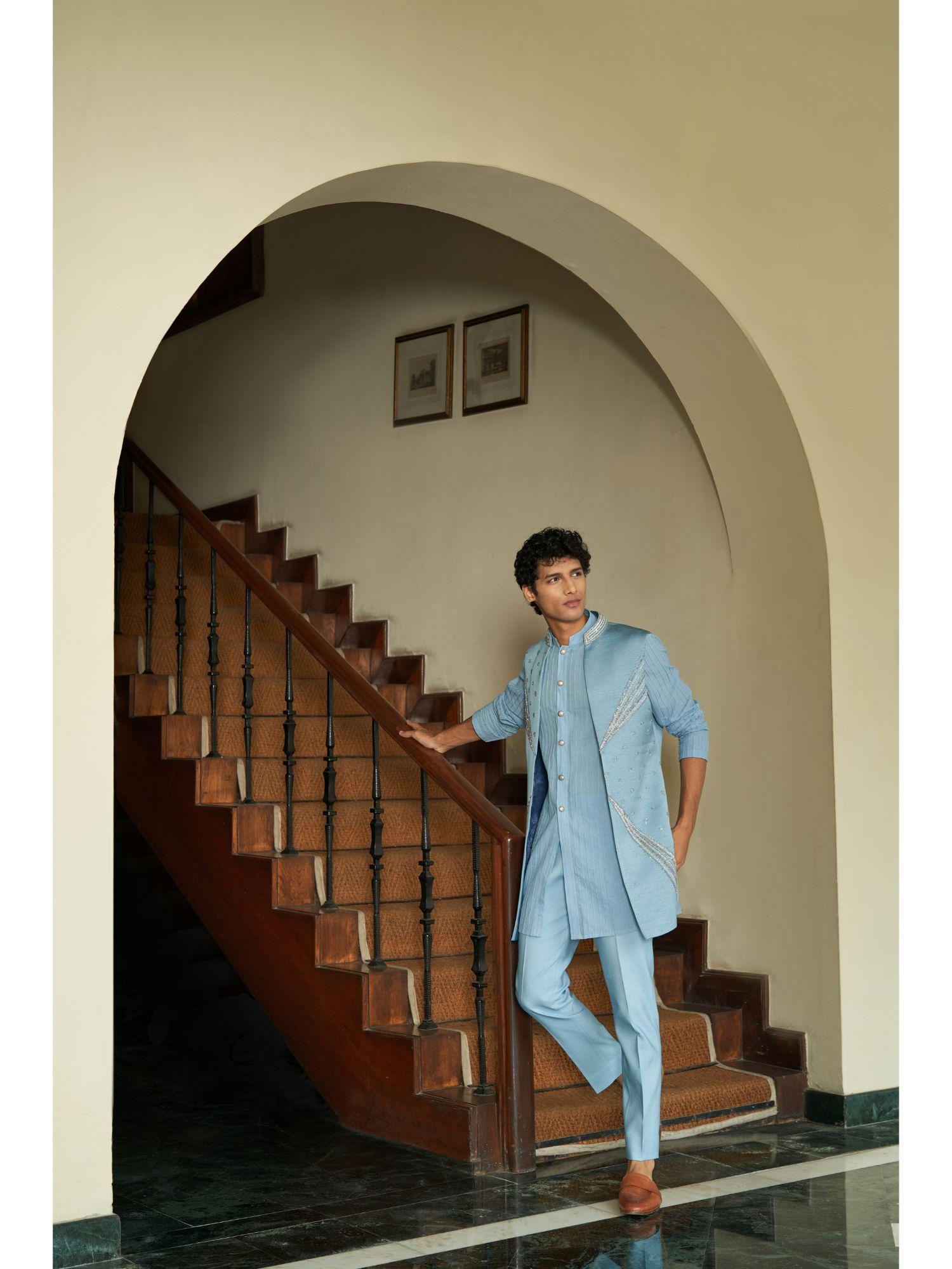 blue ethereal shrug with kurta & pant (set of 3)