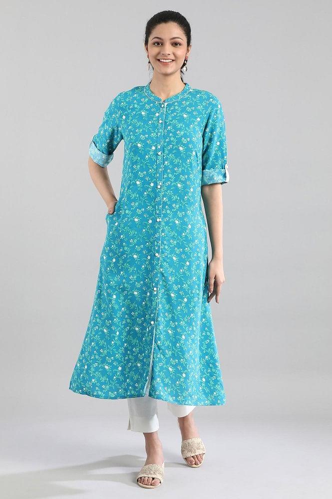 blue ethnic floral print kurta in band collar