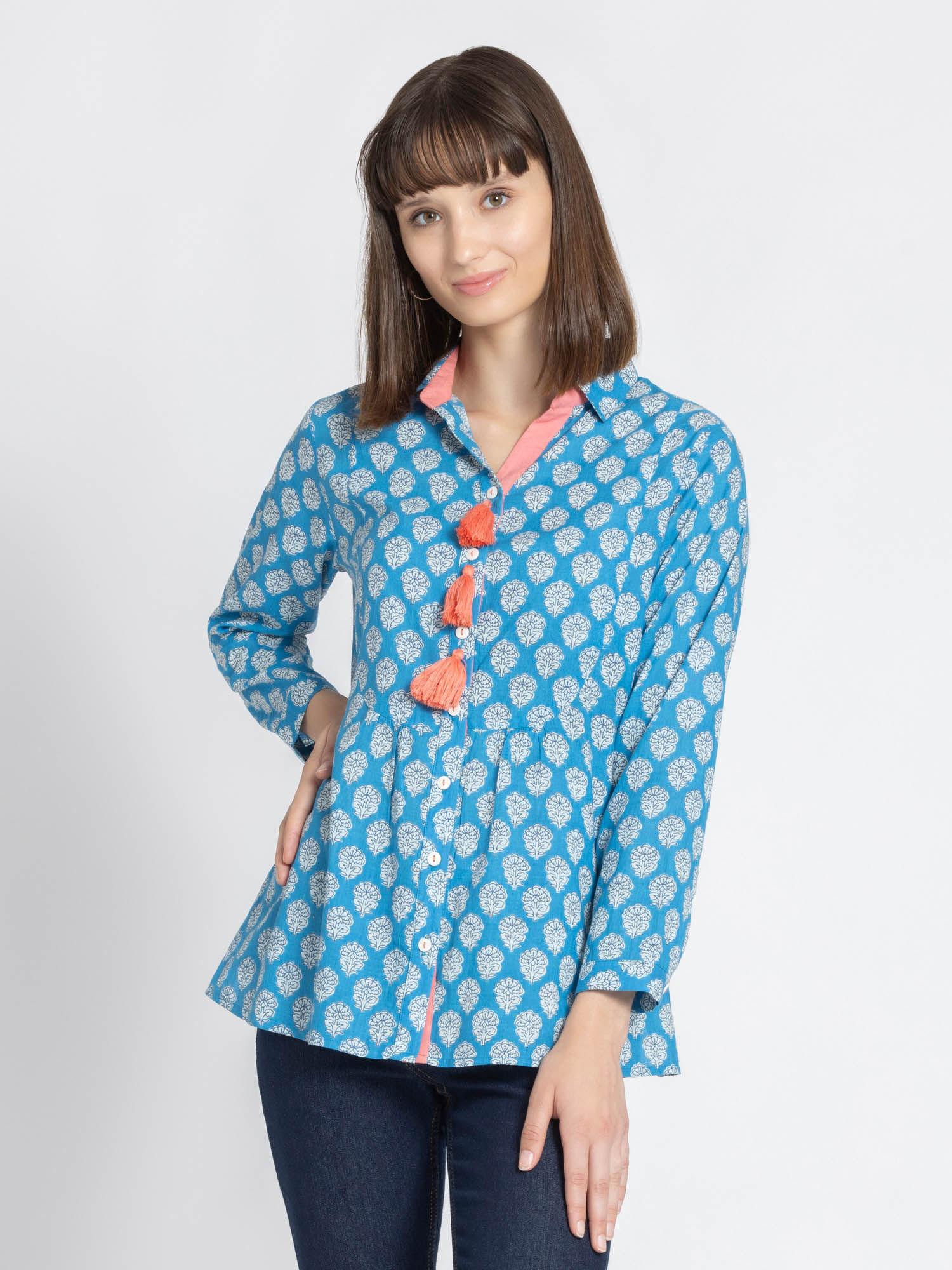 blue ethnic motif print tassels long sleeves ethnic kurti