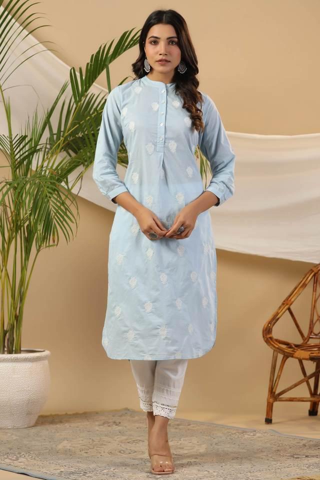 blue ethnic motif printed cotton slub _ flex kurta _ pants set with thread embroidery