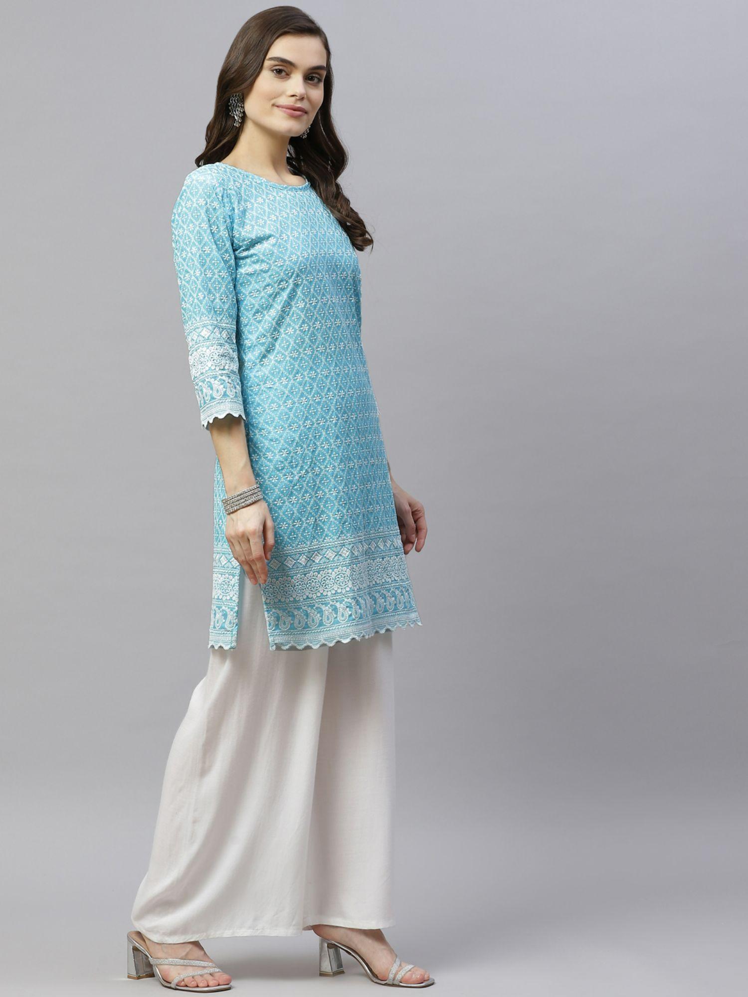 blue ethnic motifs embroidered chikankari kurti