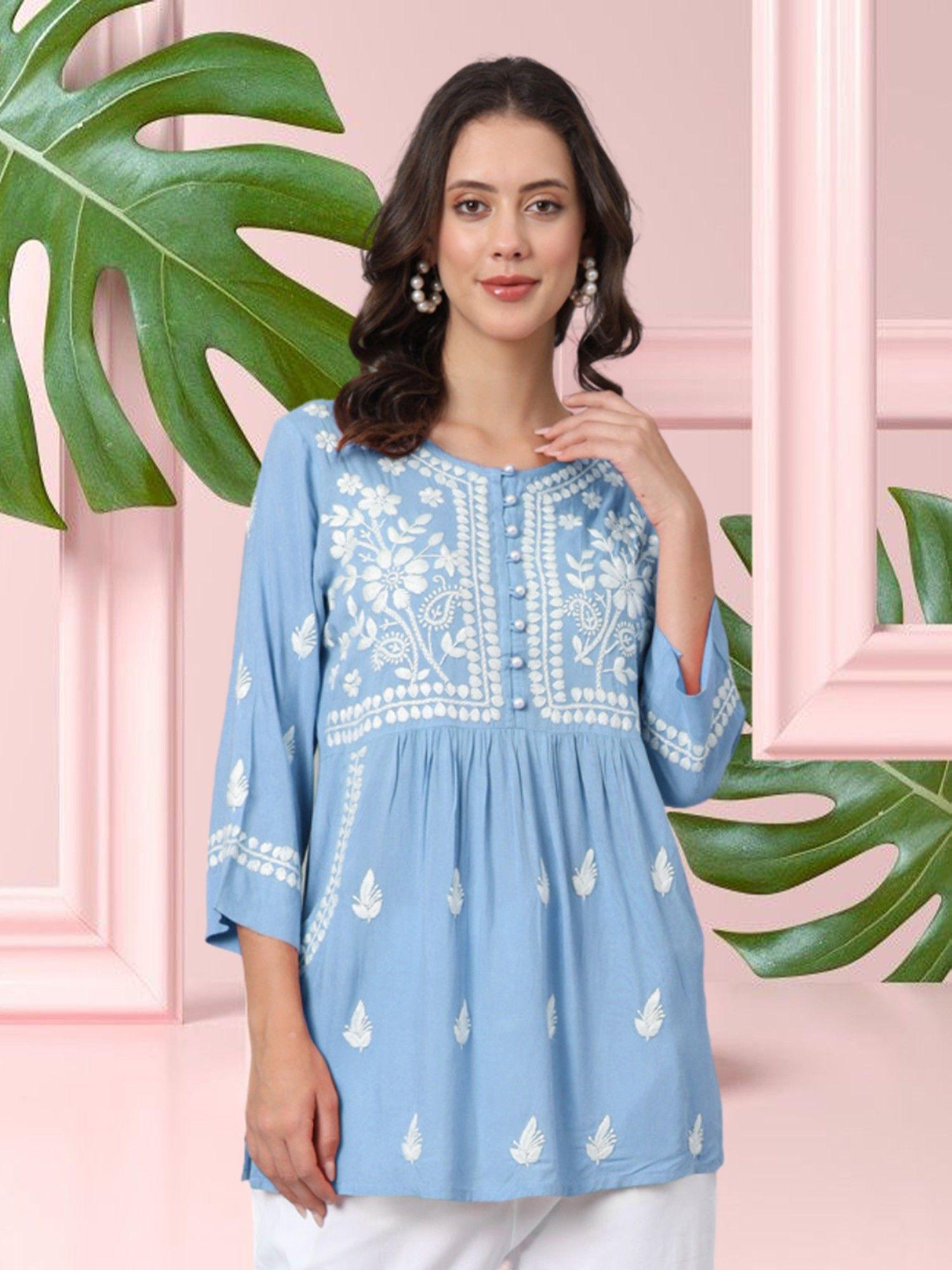 blue ethnic motifs embroidered lucknowi chikankari kurti