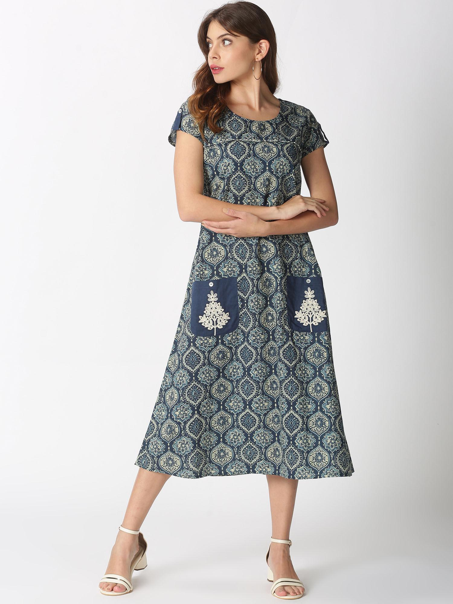 blue ethnic motifs printed embroidered patch pockets midi dress