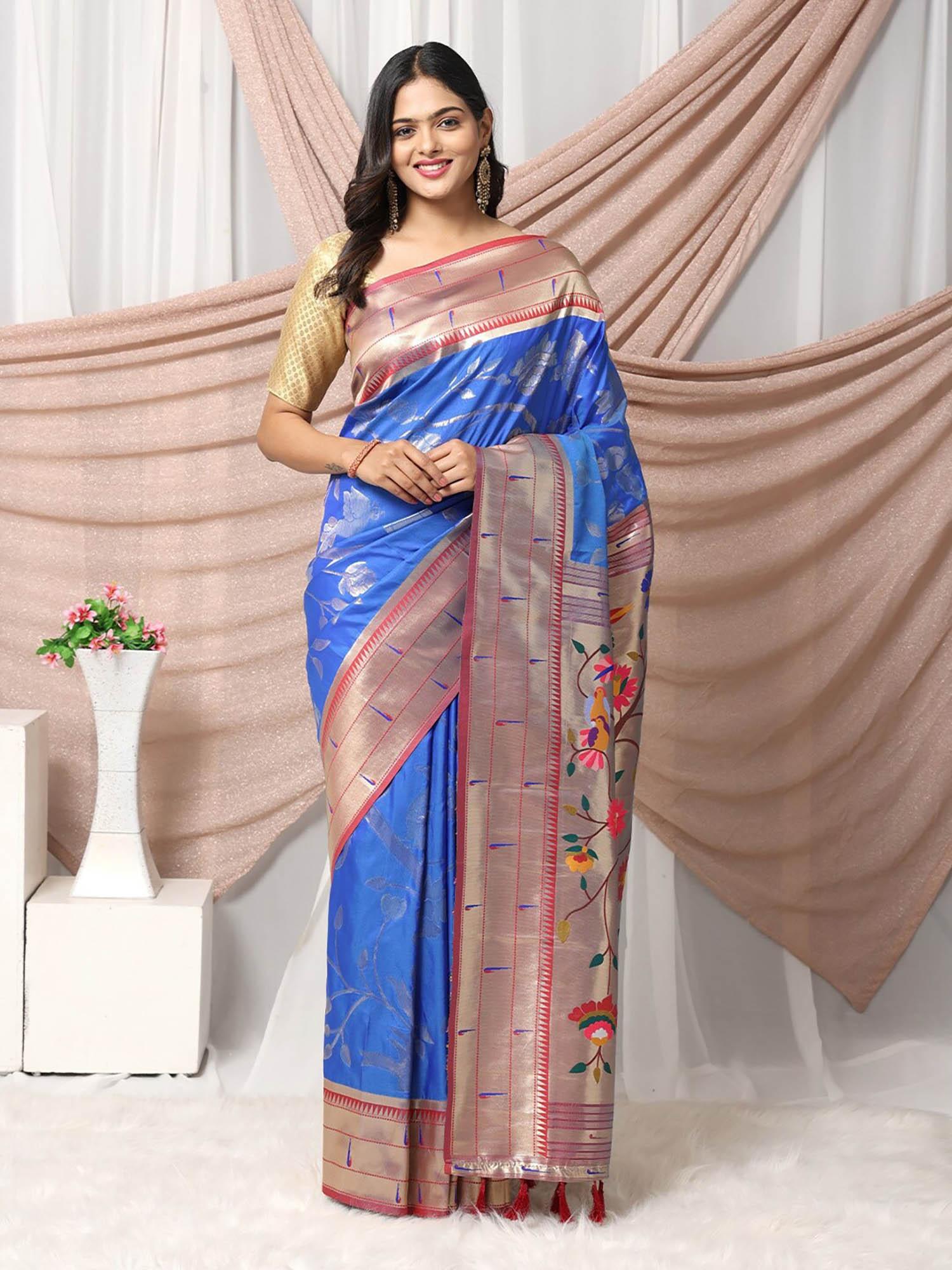 blue ethnic motifs woven design zari pathani saree with unstitched blouse