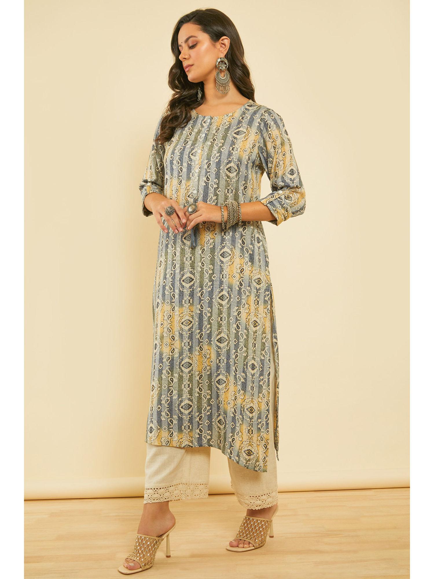 blue ethnic print kantha weave straight rayon kurta