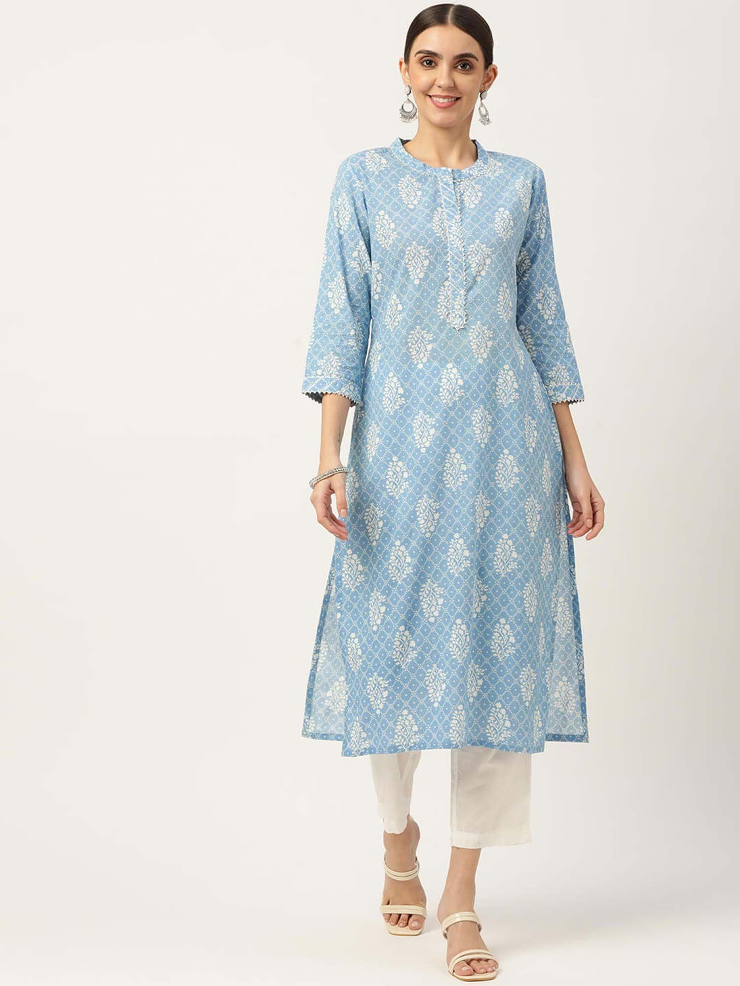 blue ethnic printed pure cotton gota patti kurta