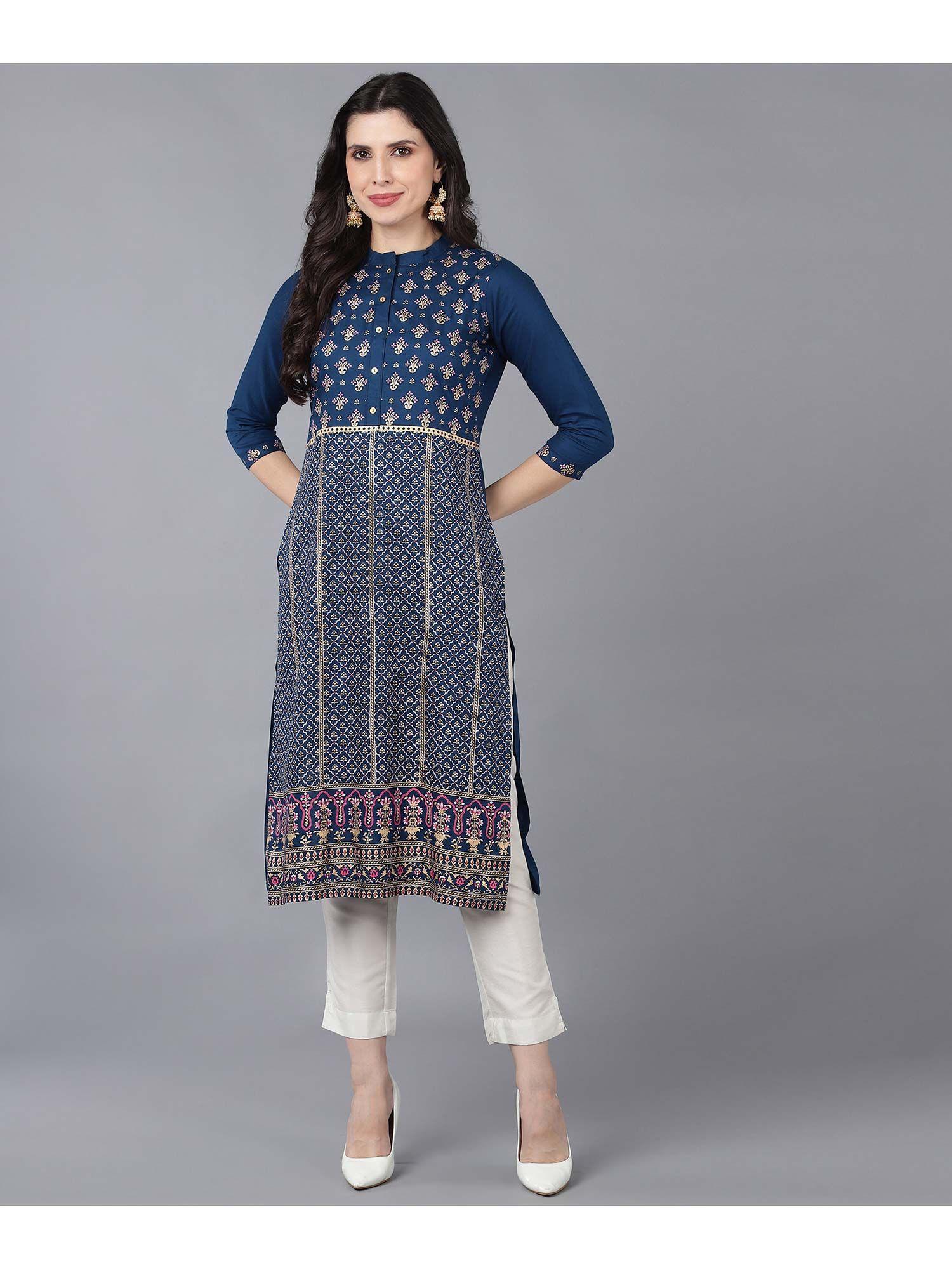 blue ethnic printed rayon kurta