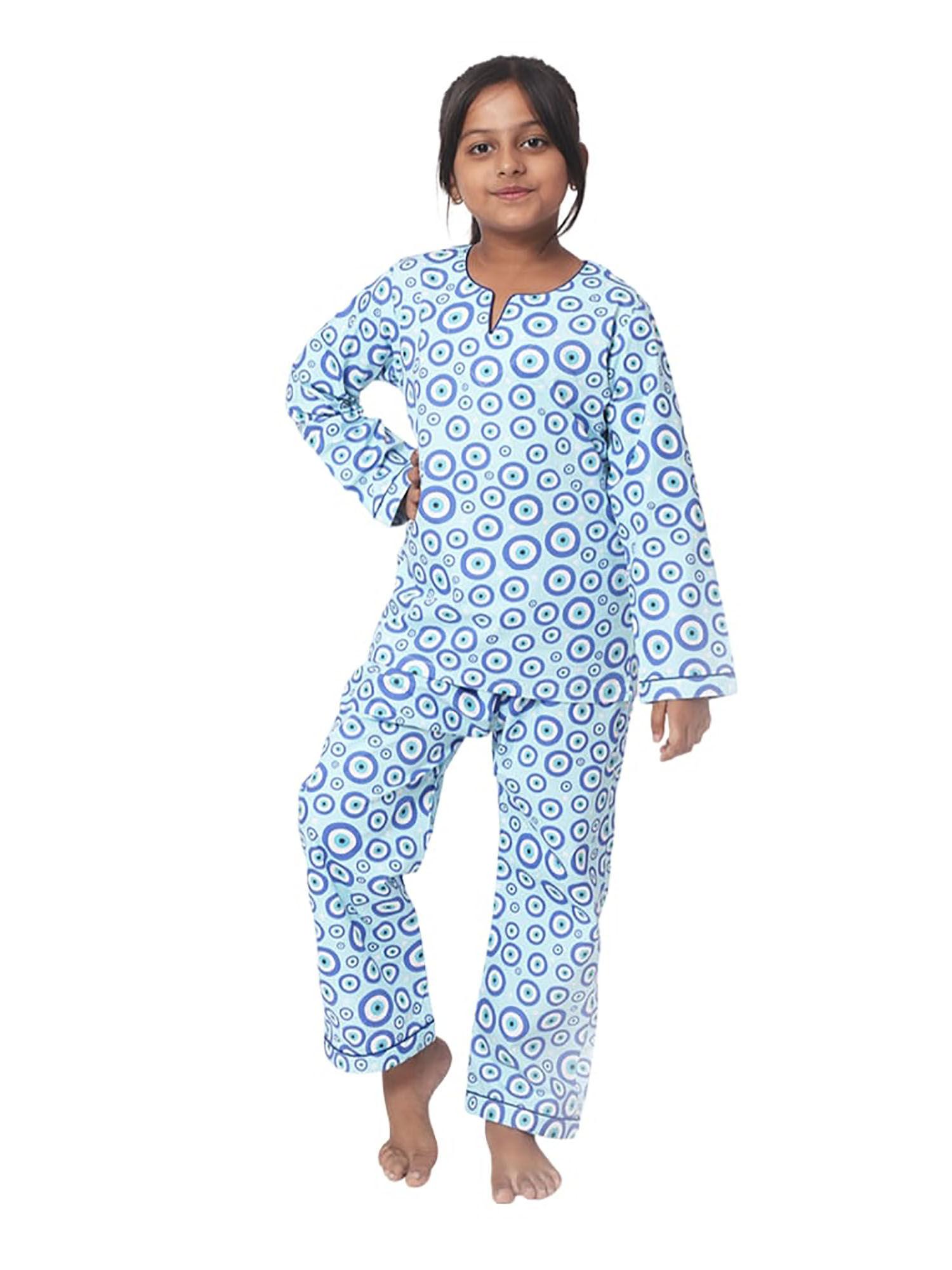 blue evil eye printed cotton top with pyjama (set of 1)