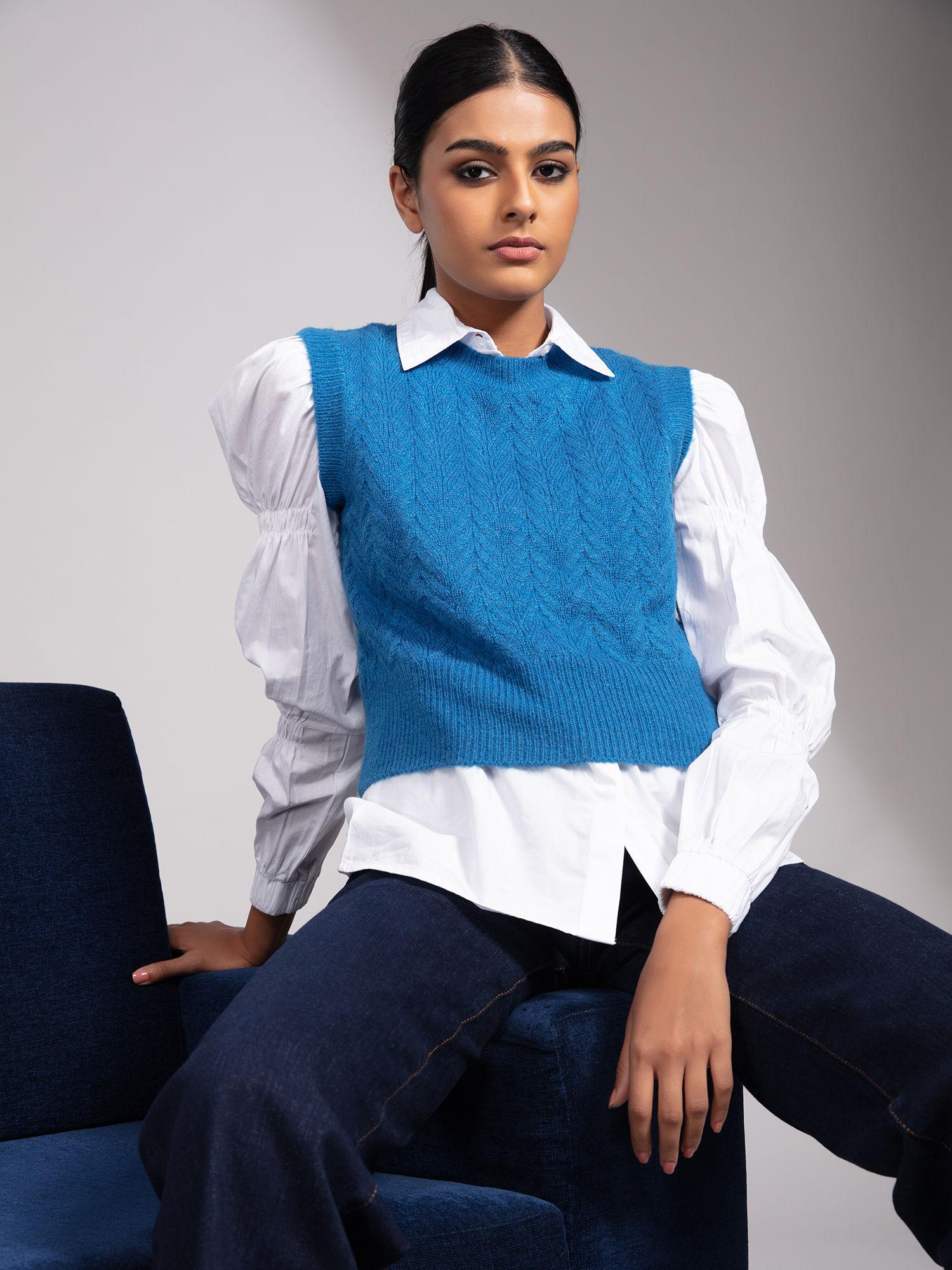 blue extra attention sweater top