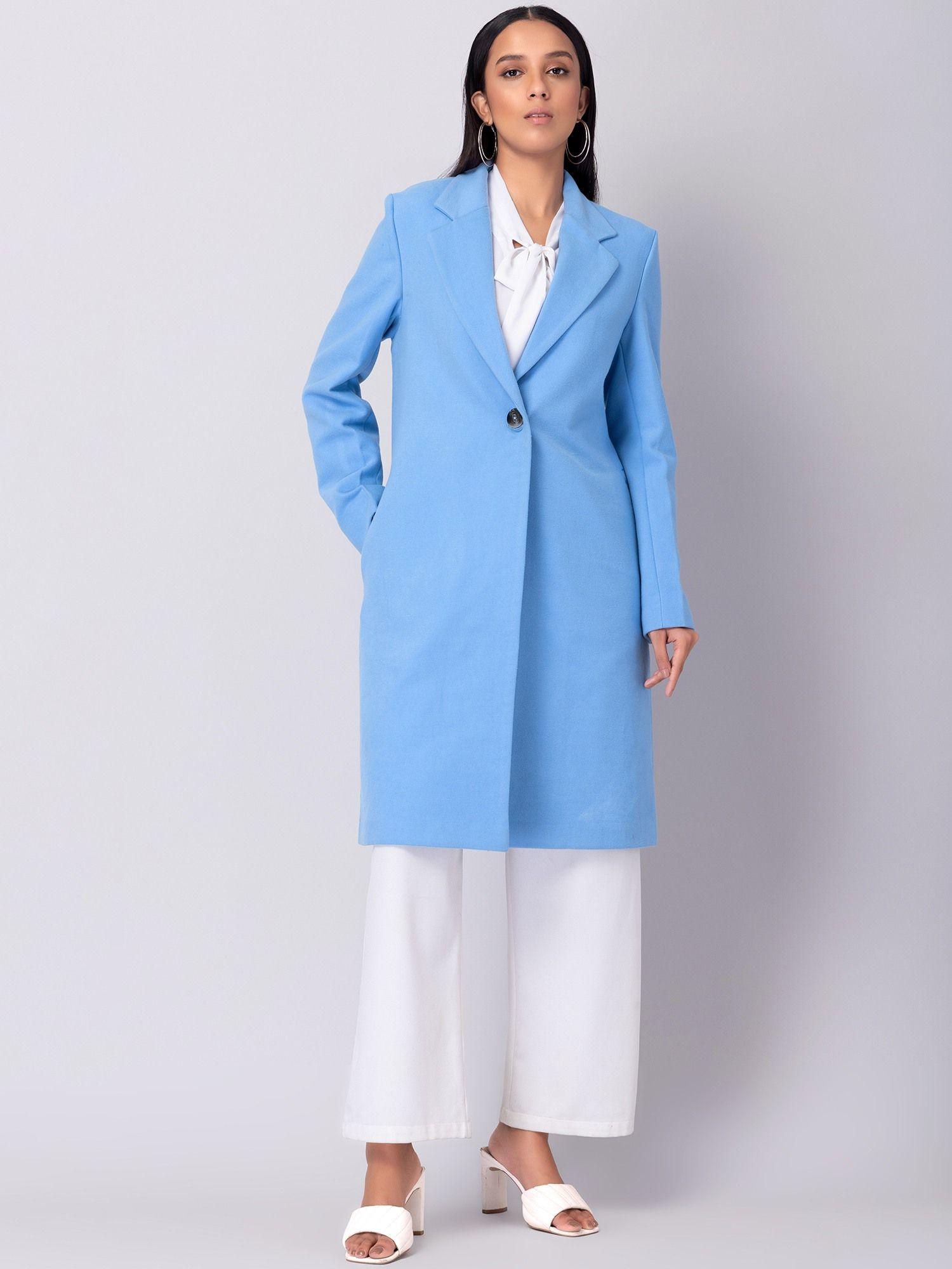 blue felt belted longline coat