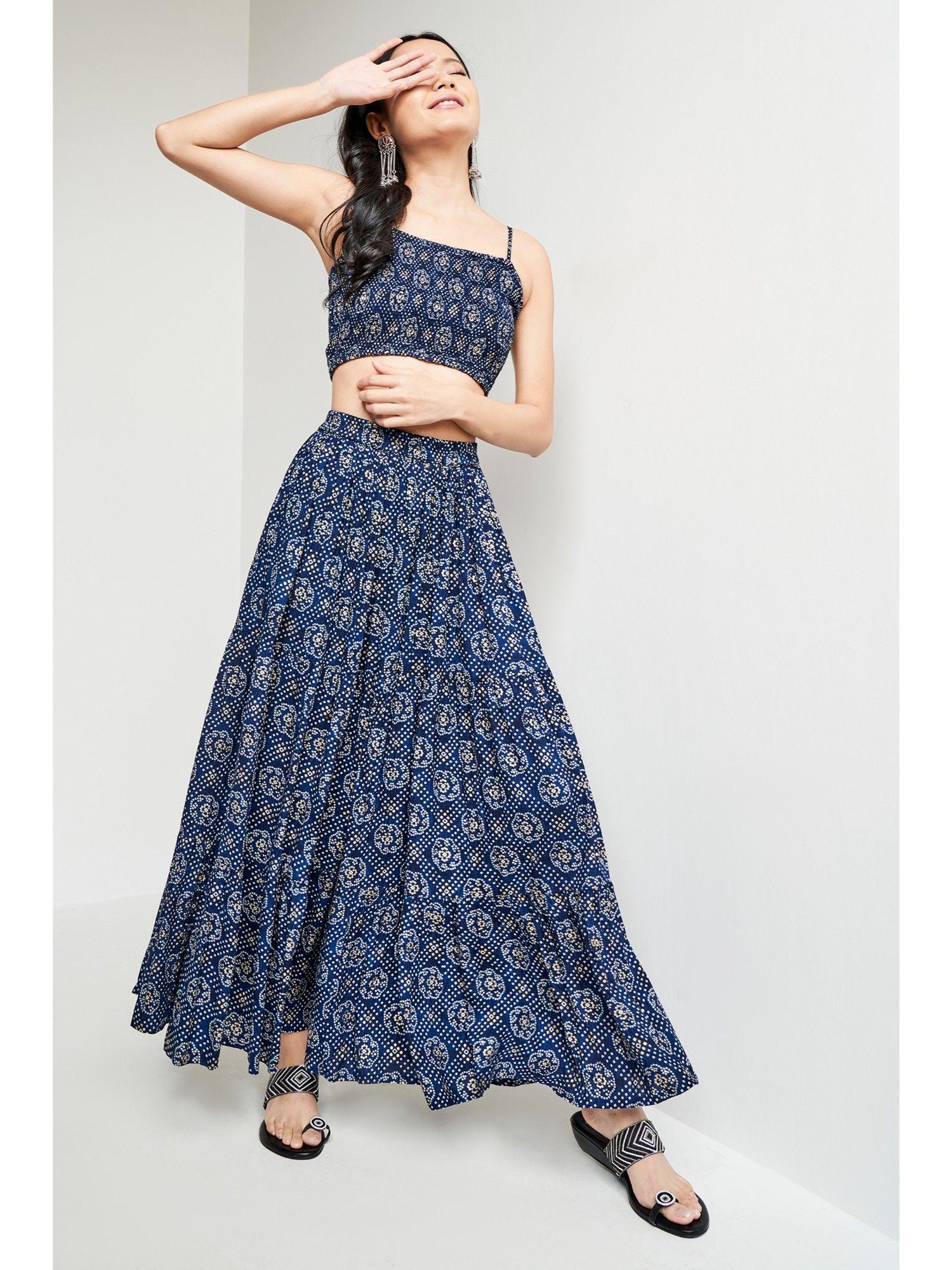 blue festive bandhani print crop top and skirt set (set of 2)