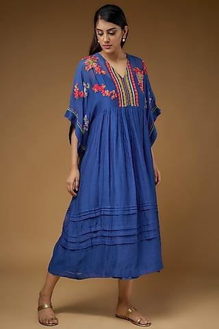 blue fine chanderi embroidered dress