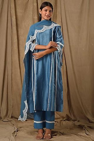 blue fine chanderi silk a-line embroidered kurta set