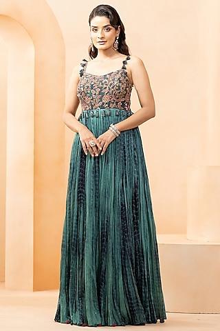 blue fine silk bandhani dyed & printed anarkali dress