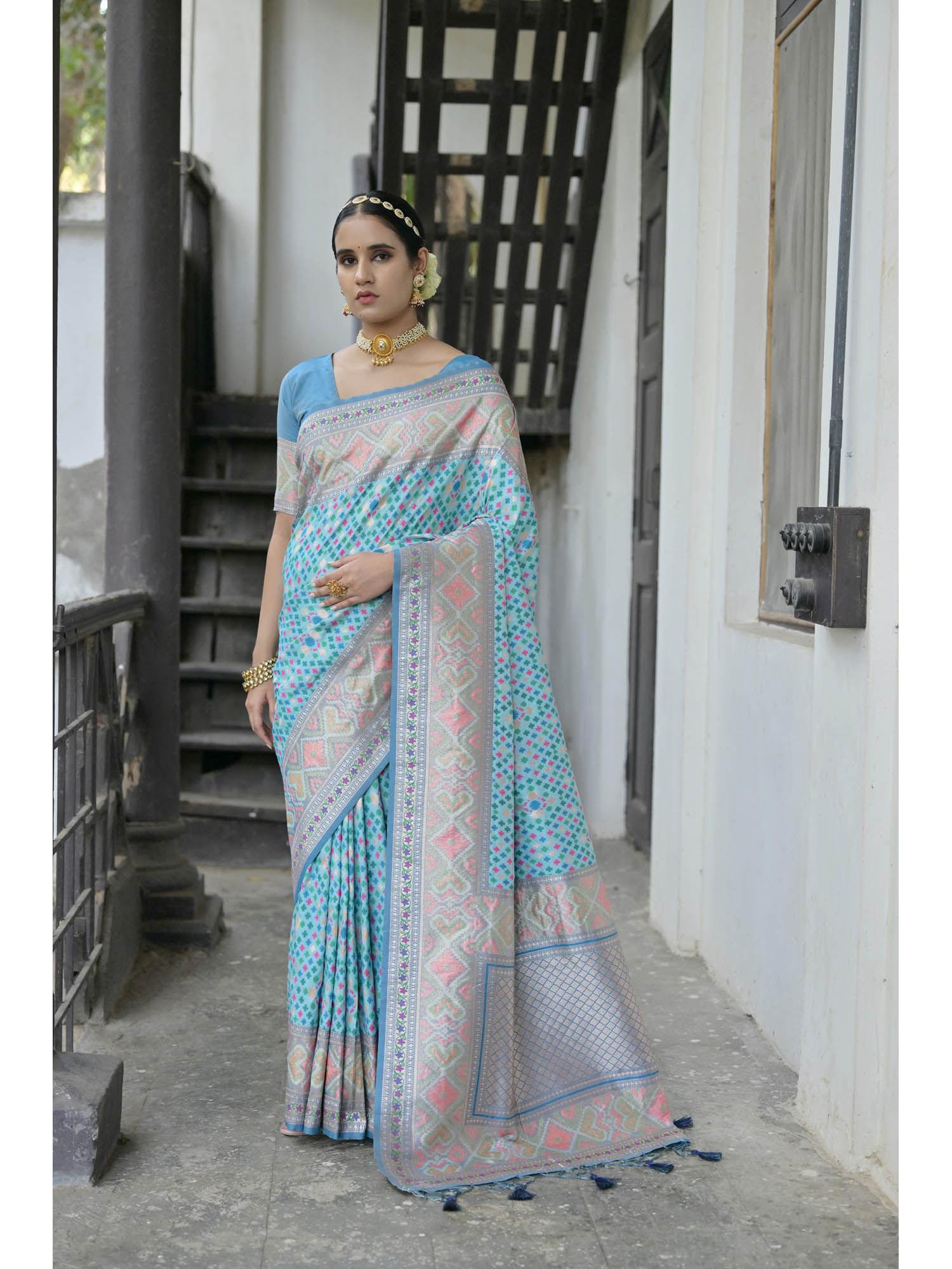 blue firozi zari woven meenakari weaves pathani silk saree with unstitched blouse