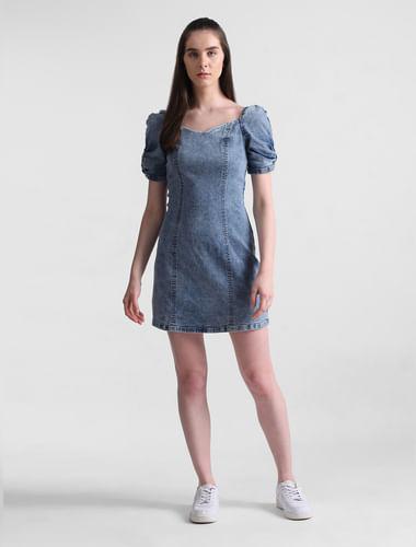 blue fitted denim mini dress