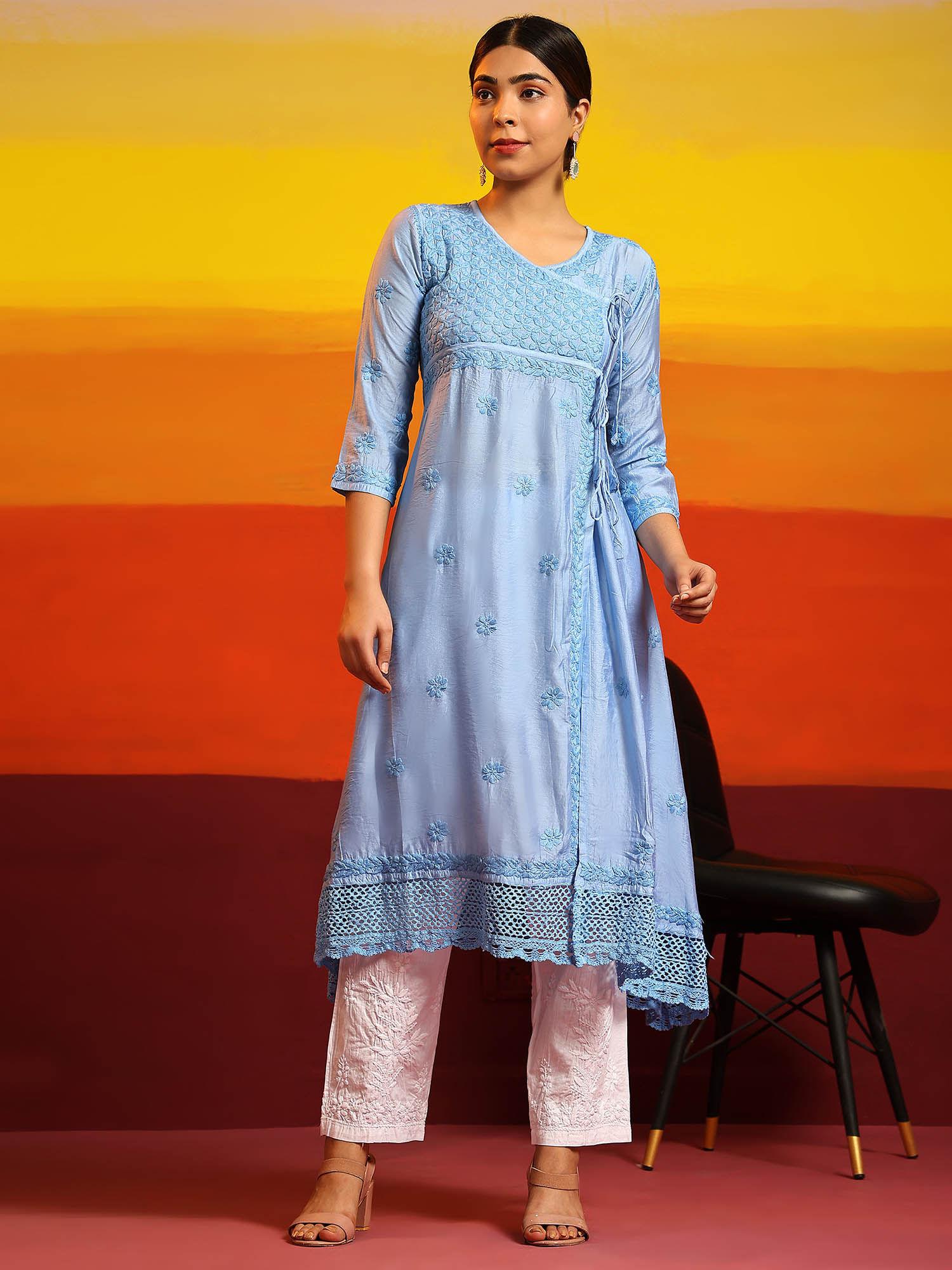 blue fizaa chikankari angrakha long kurta in chanderi silk for women