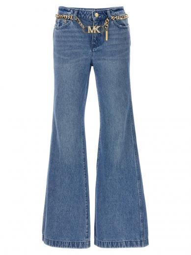 blue flare chain belt jeans