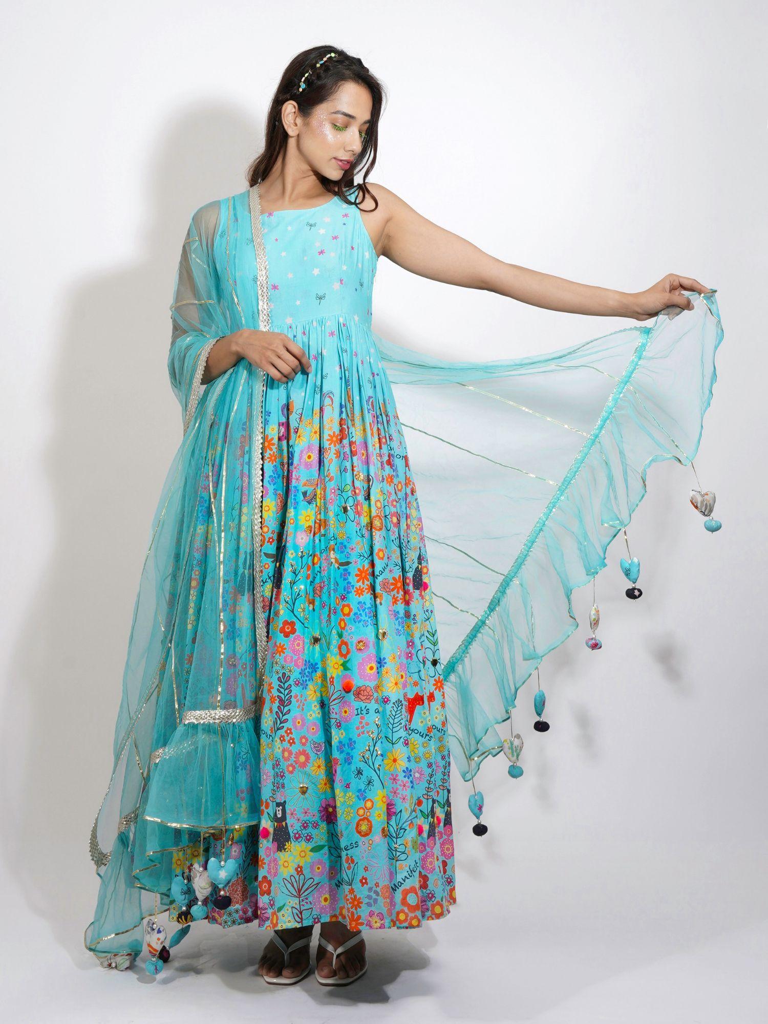 blue flora print embroidered anarkali (set of 3)