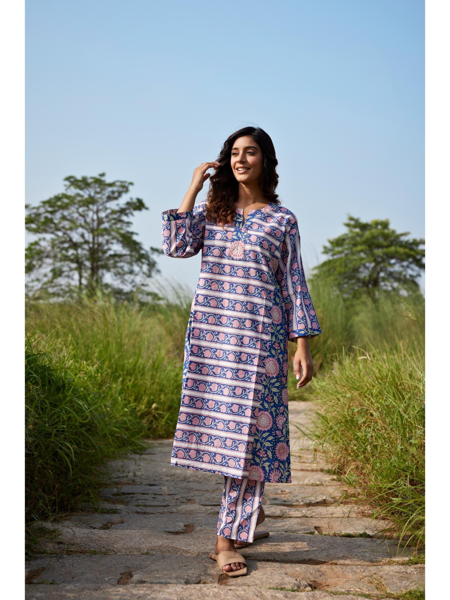 blue floral block print pannel kurta