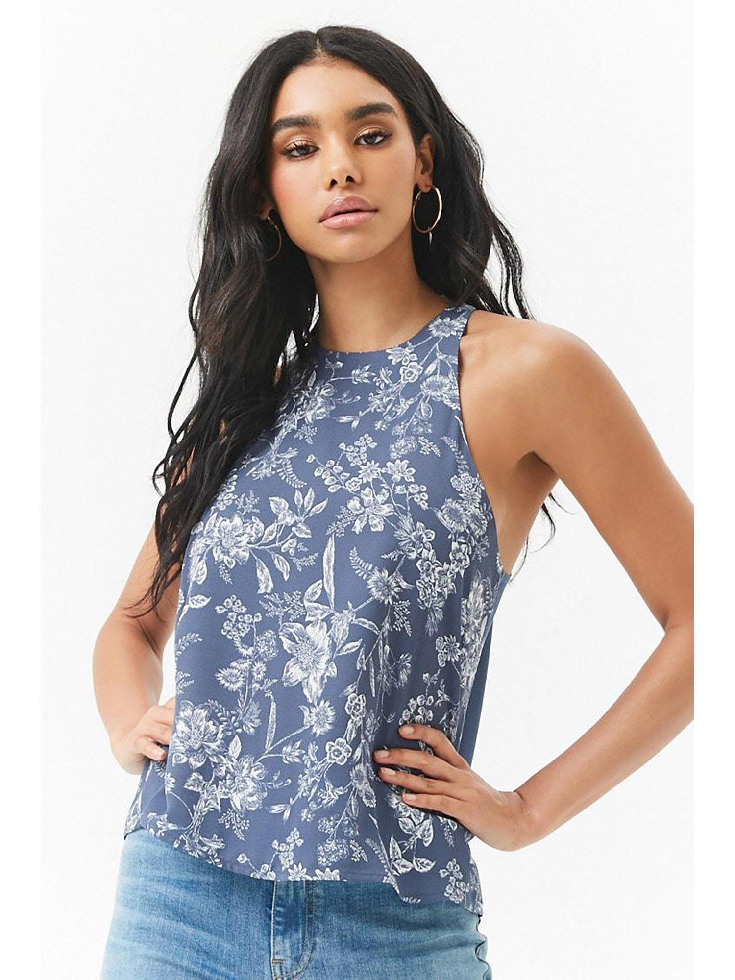 blue floral chiffon halter high-low top