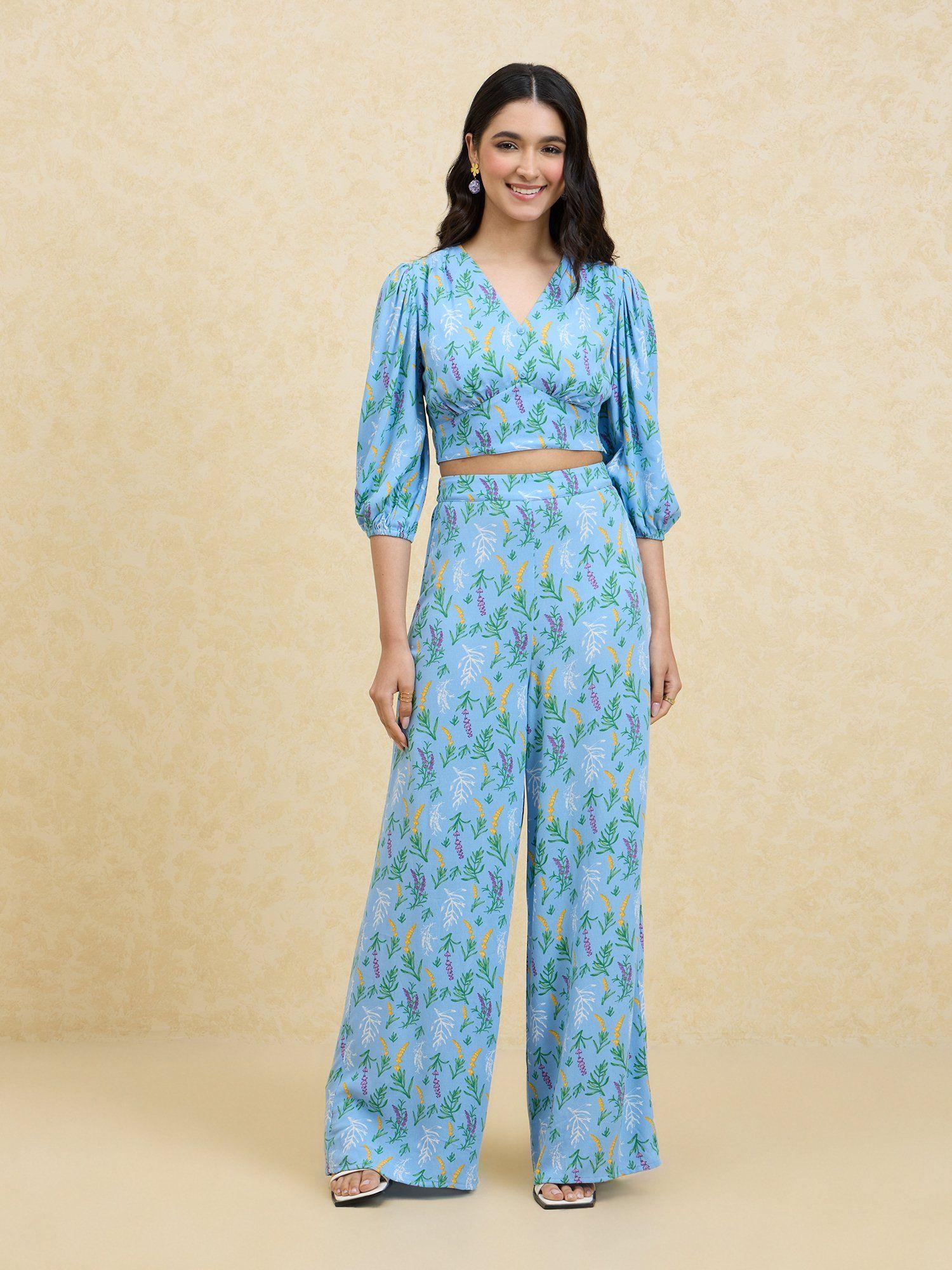 blue floral crop top and high waist pants co-ords (set of 2)