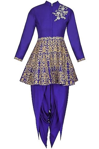 blue floral dabka, pearls and sequins embroidered short kurta and dhoti pants set