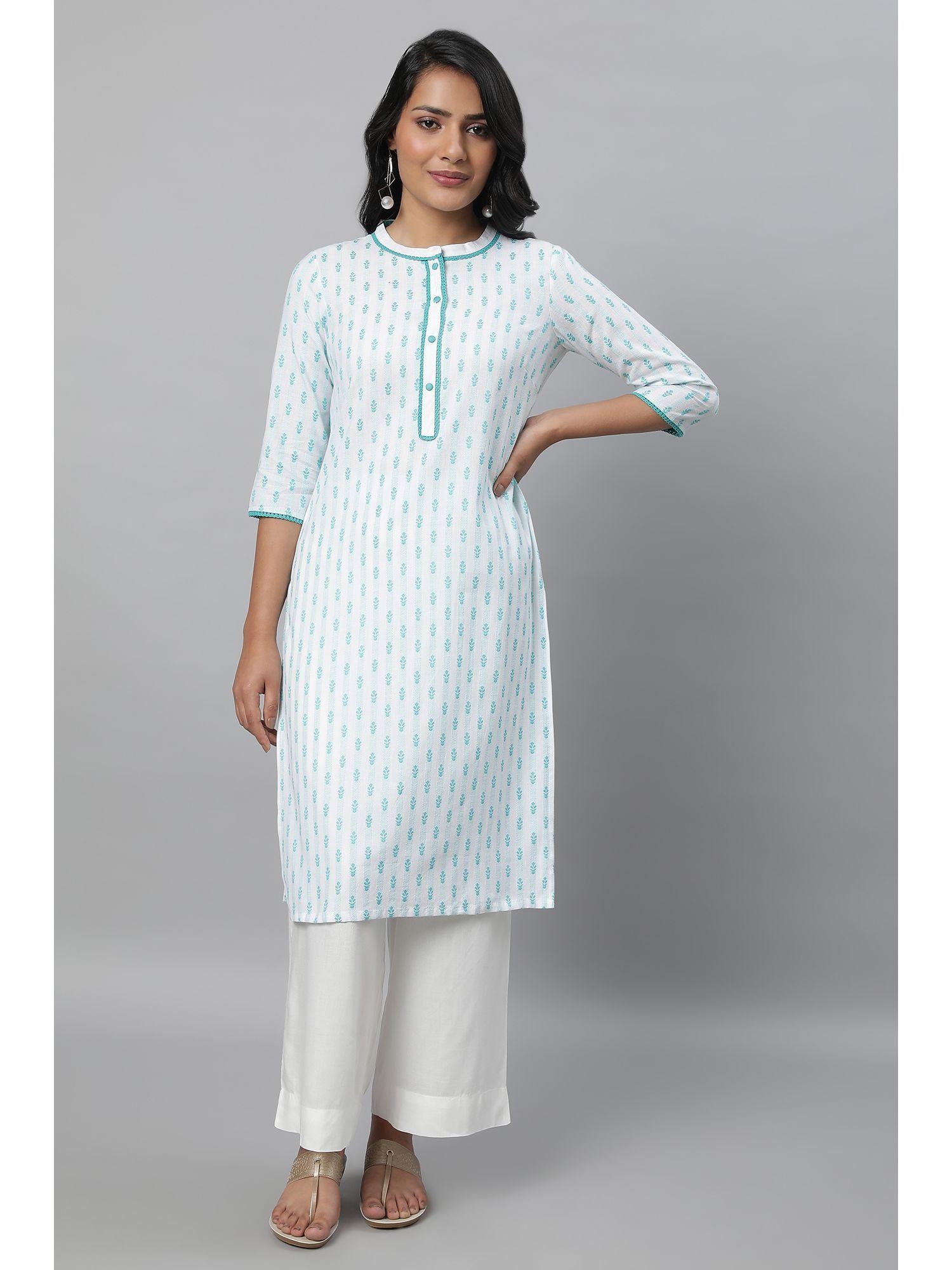 blue floral dobby kurta in band collar