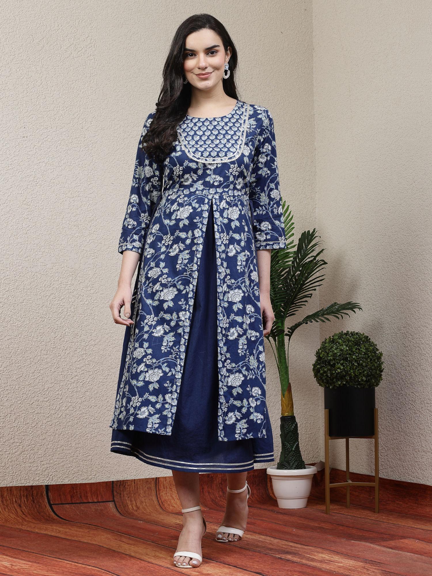 blue floral elegance gota cotton u-line kurta