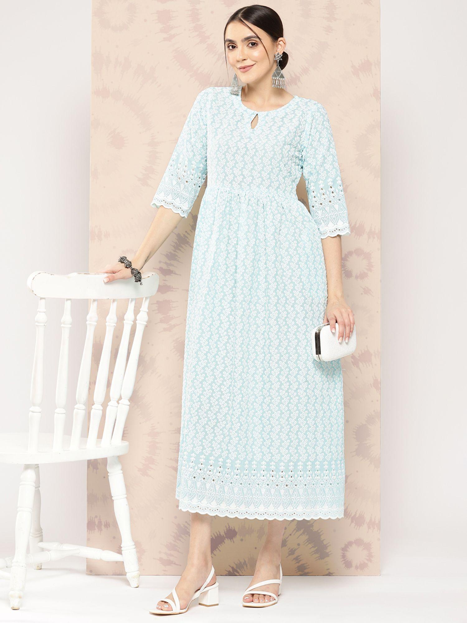 blue floral embroiderd fit & flare dress