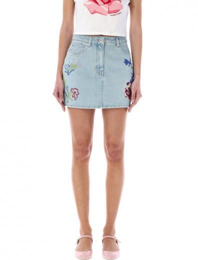 blue floral-embroidered denim mini skirt