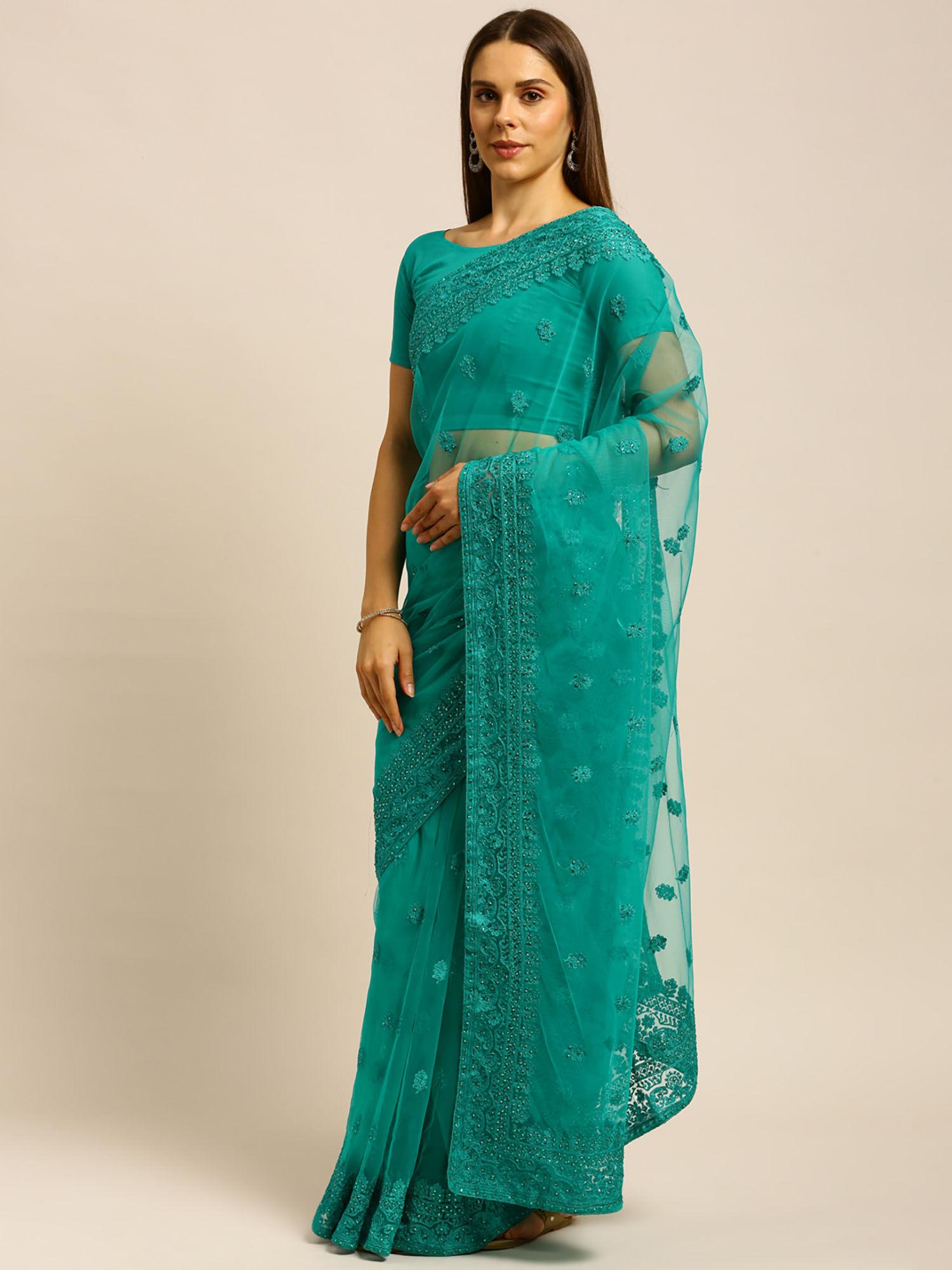 blue floral embroidered net saree with unstitched blouse