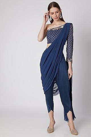 blue floral embroidered pant saree set