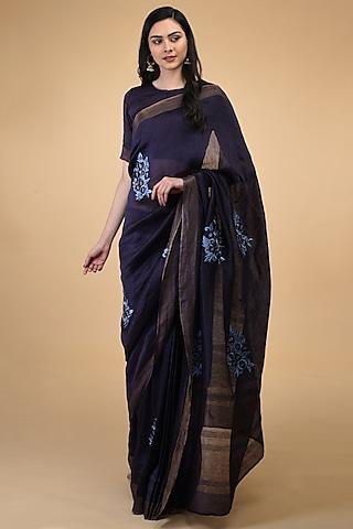 blue floral embroidered saree set