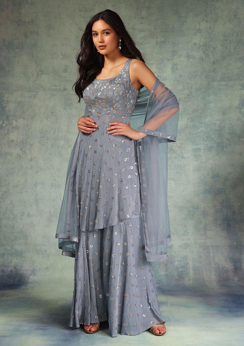 blue floral embroidered sharara set with peplum kurta and dupatta